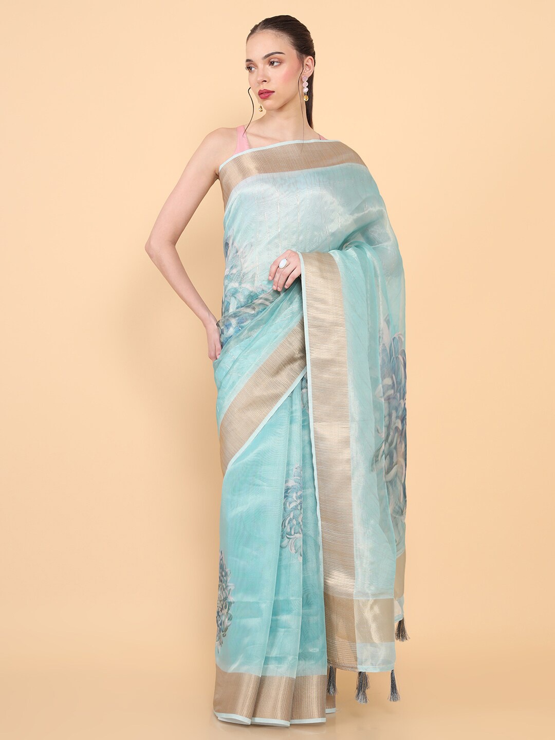 

Soch Blue & Gold-Toned Woven Design Zari Organza Saree