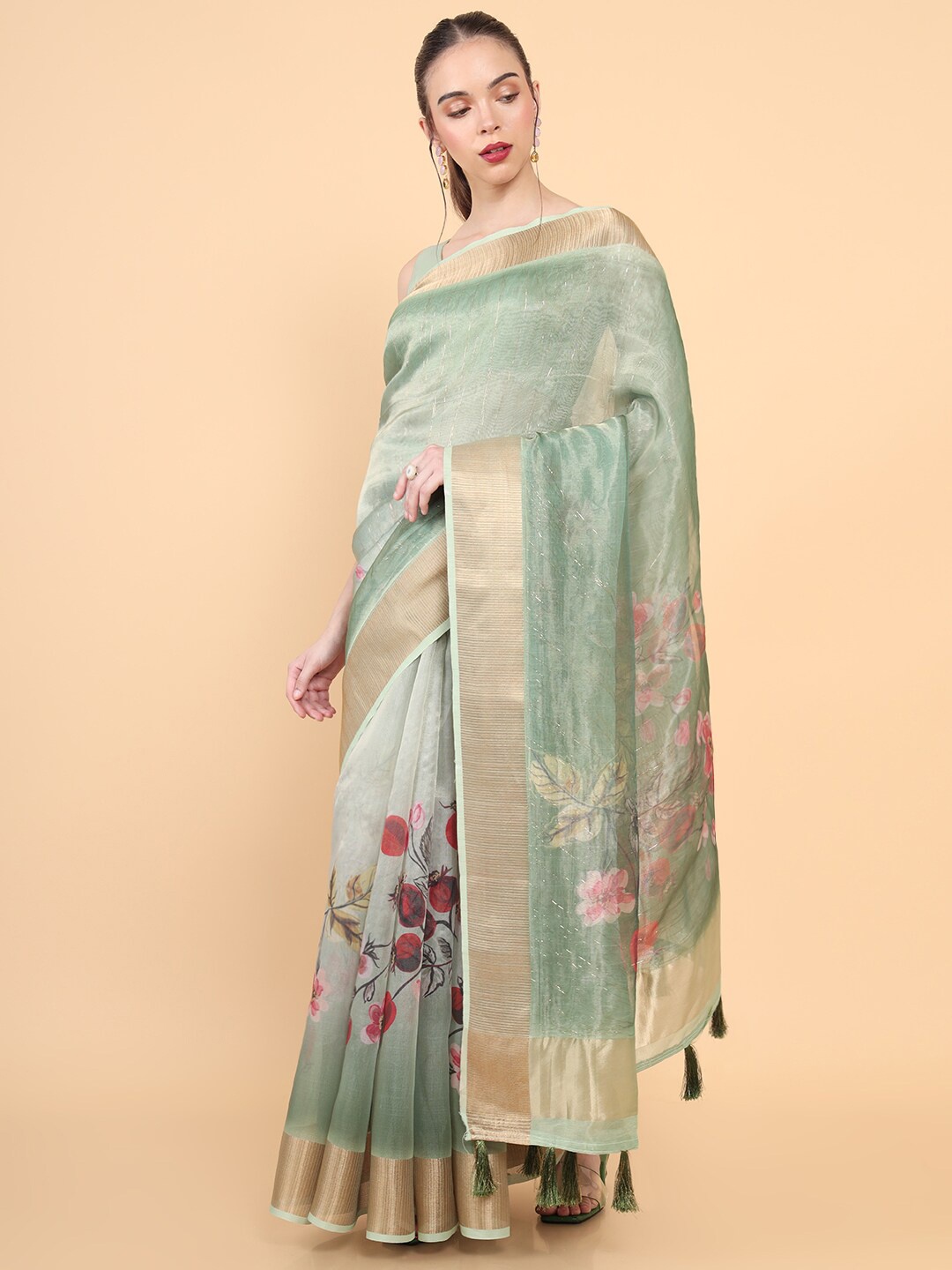 

Soch Green & Gold-Toned Floral Organza Saree