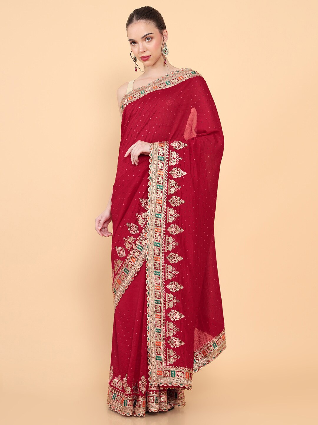 

Soch Red & Gold-Toned Ethnic Motifs Embroidered Silk Blend Tussar Saree