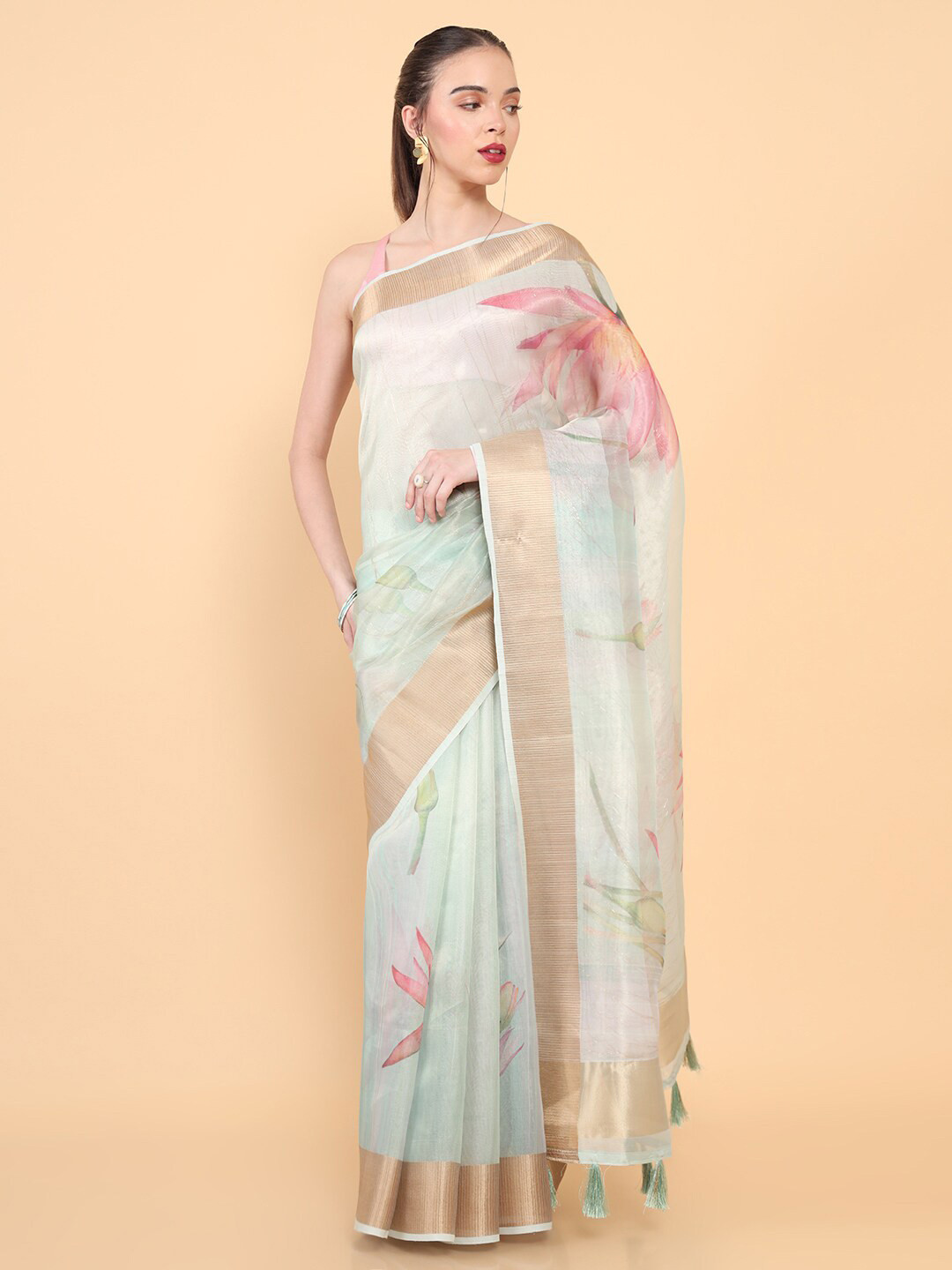 

Soch Blue & Gold-Toned Woven Design Zari Organza Saree