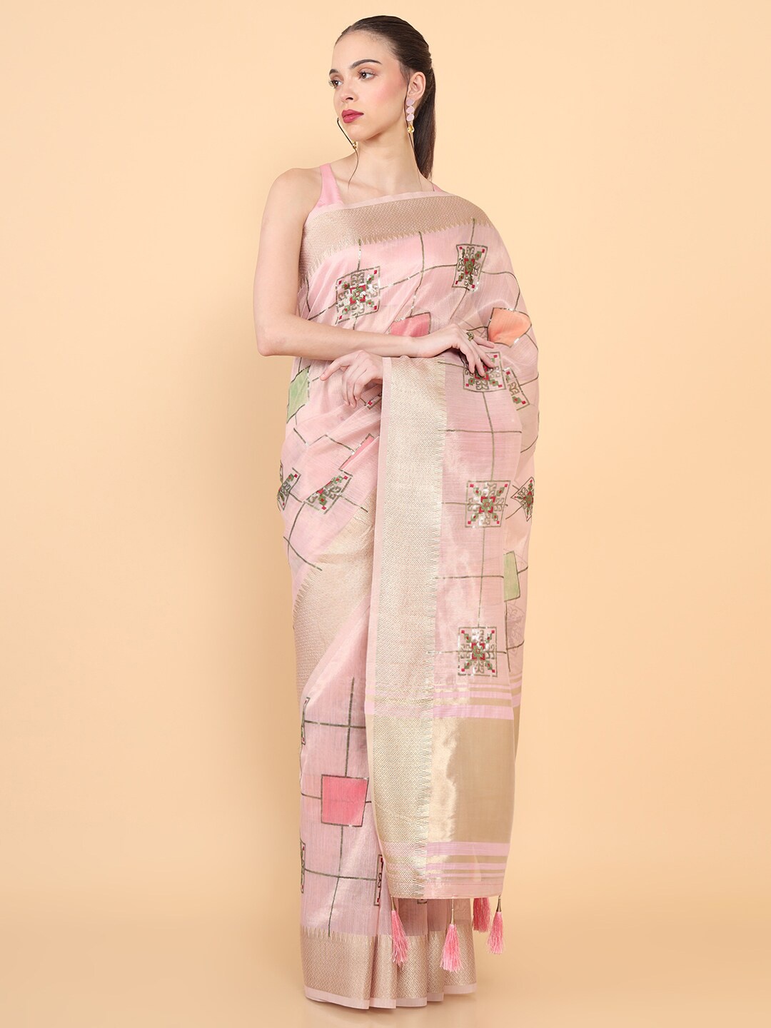 

Soch Pink & Gold-Toned Embellished Sequinned Organza Saree