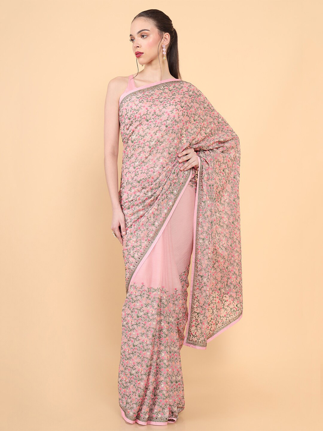 

Soch Pink & Grey Floral Embroidered Pure Chiffon Saree