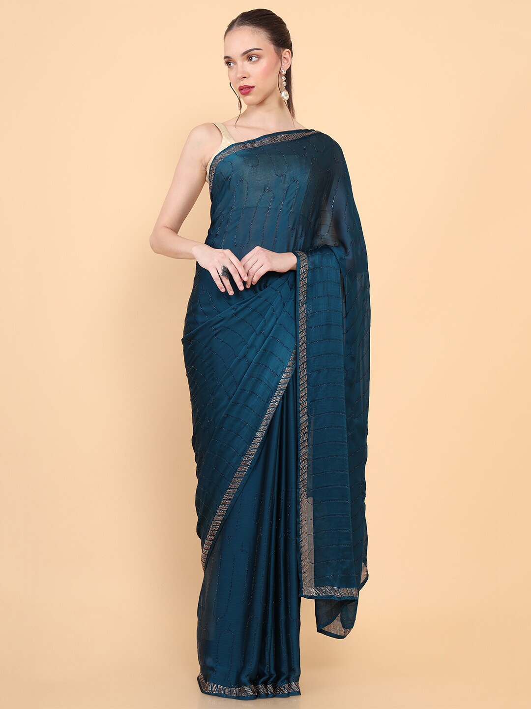 

Soch Blue & Grey Embellished Beads and Stones Pure Chiffon Saree
