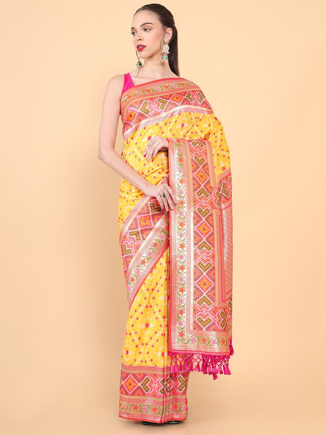 

Soch Yellow & Pink Floral Zari Silk Blend Tussar Saree