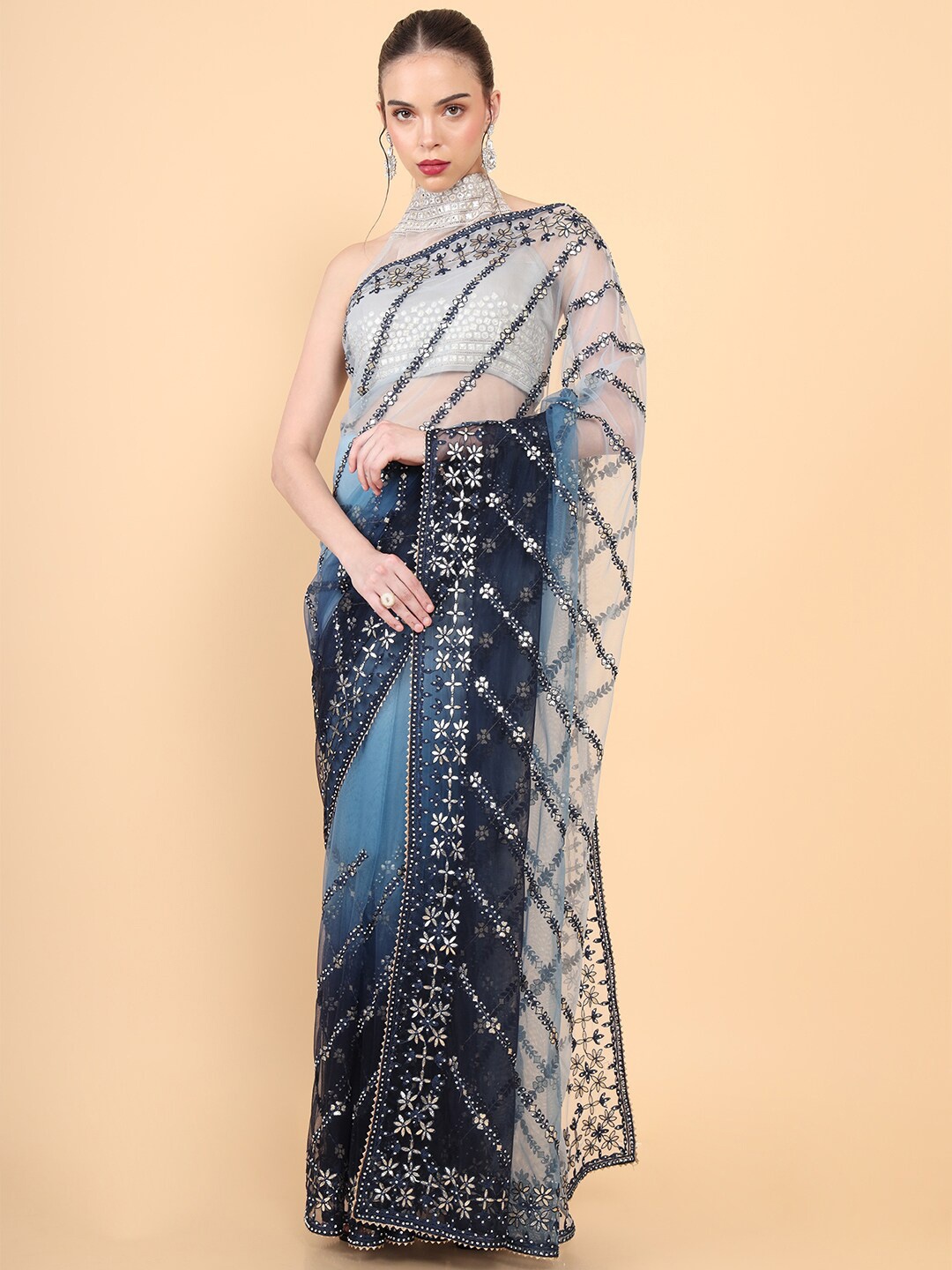 

Soch Navy Blue & Gold-Toned Embellished Beads and Stones Net Saree