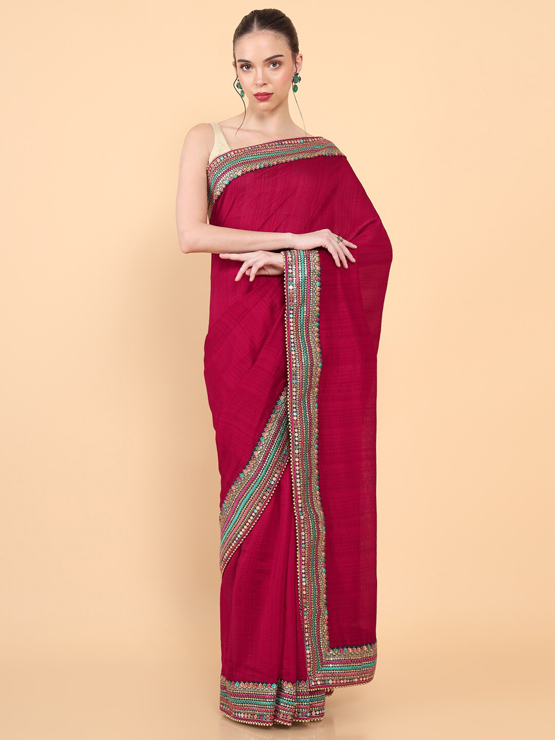 

Soch Red & Blue Embroidered Silk Blend Tussar Saree