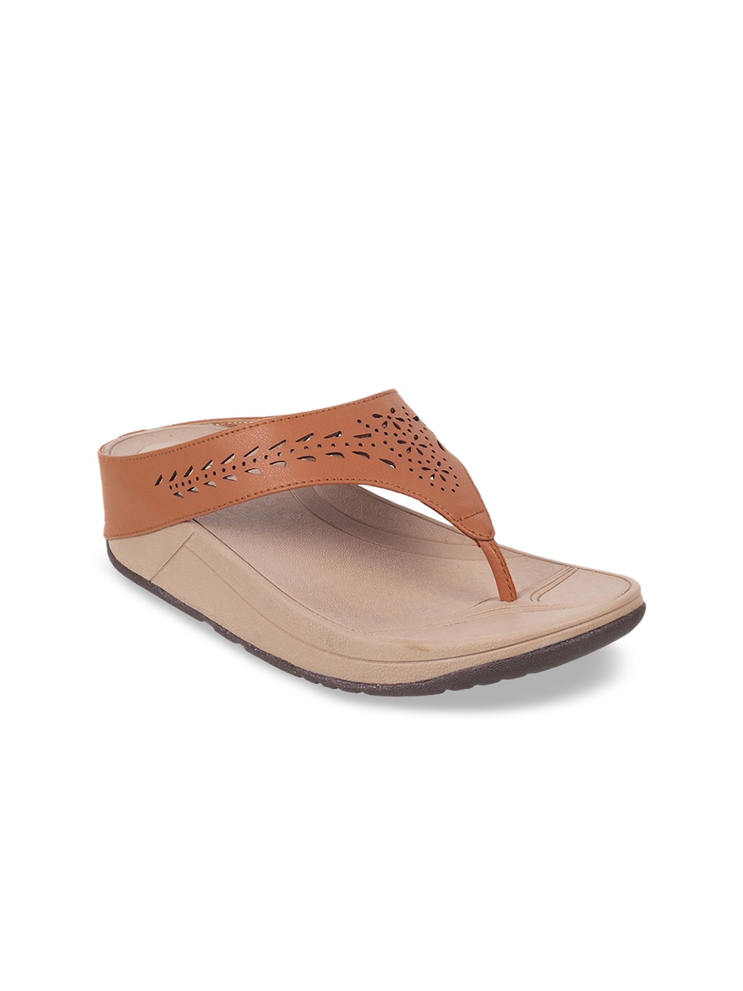 

Mochi Women Open Toe Flats with Laser Cuts, Tan