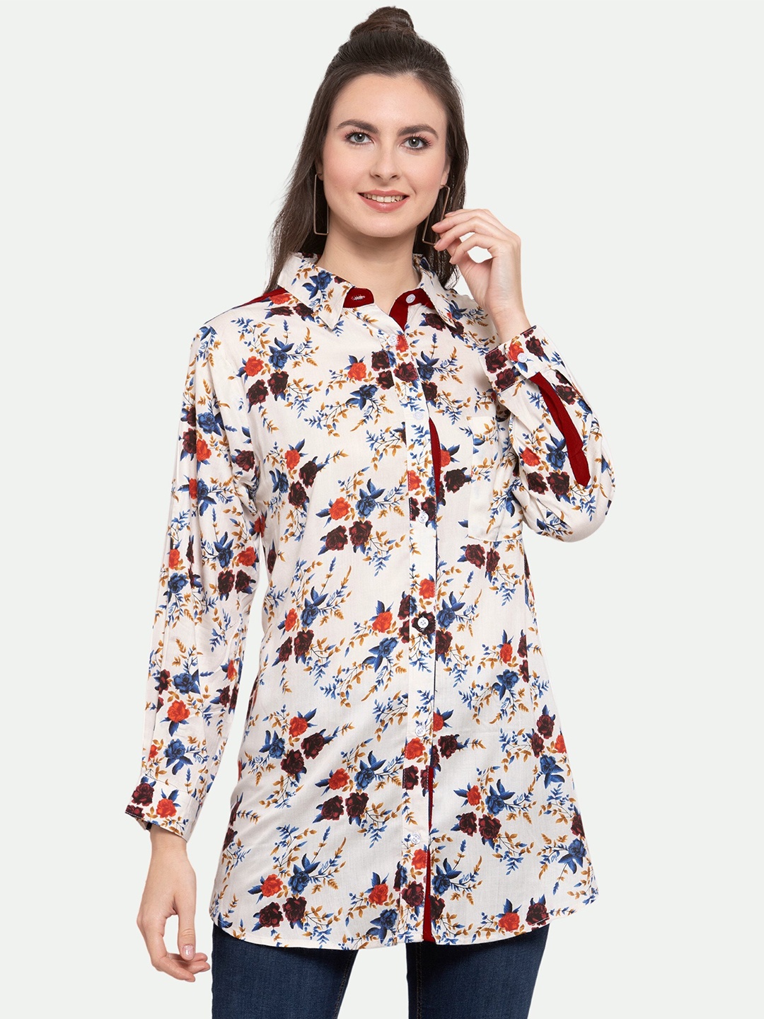 

PATRORNA Women Cream-Coloured Printed Comfort Floral Printed Casual Shirt