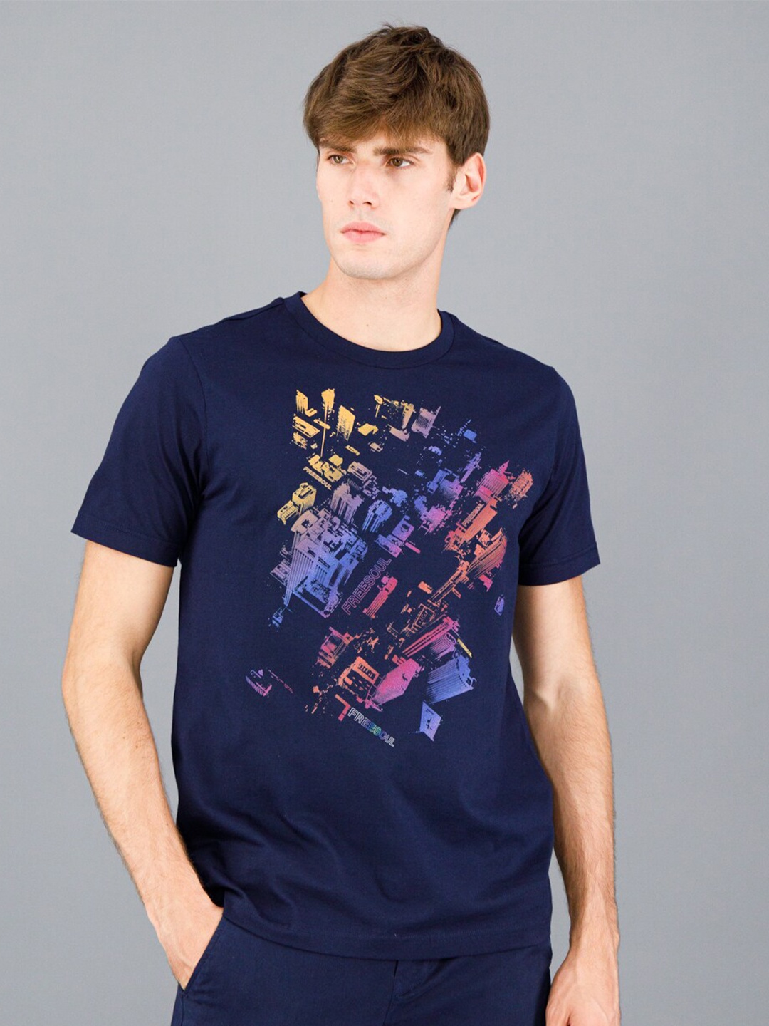 

FREESOUL Men Blue Printed Cotton T-shirt