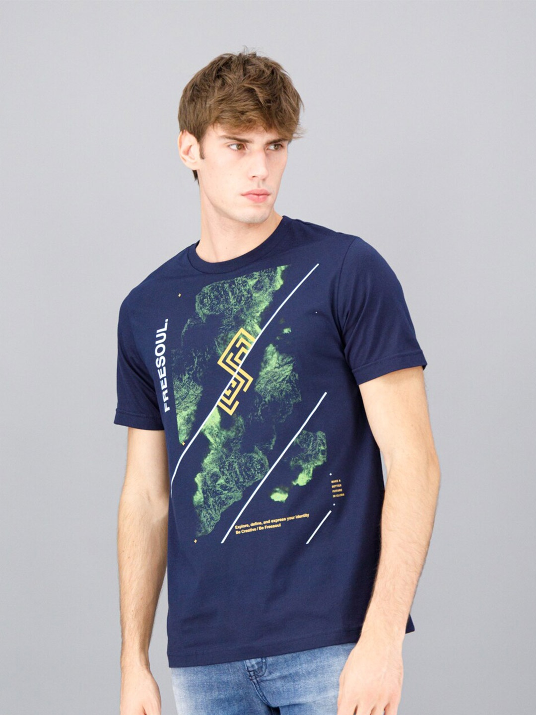 

FREESOUL Men Blue Printed Cotton T-shirt