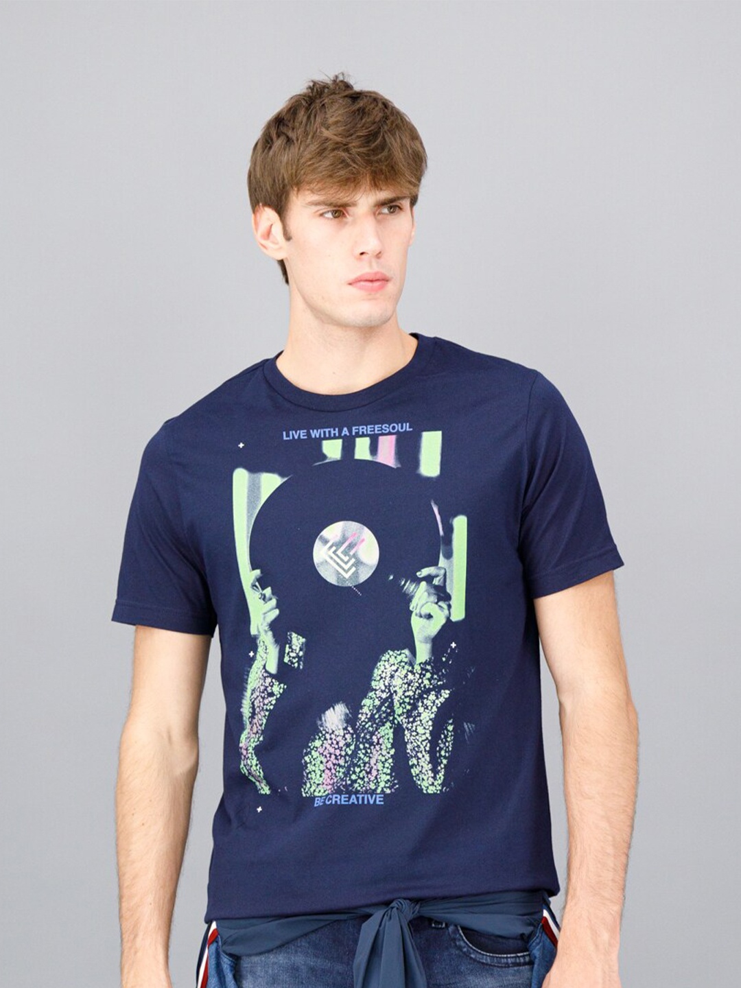 

FREESOUL Men Blue Printed Cotton T-shirt