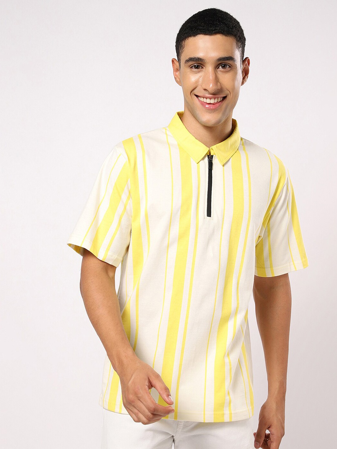 

Bewakoof Men White & Yellow Cotton Striped Polo Collar Loose T-shirt