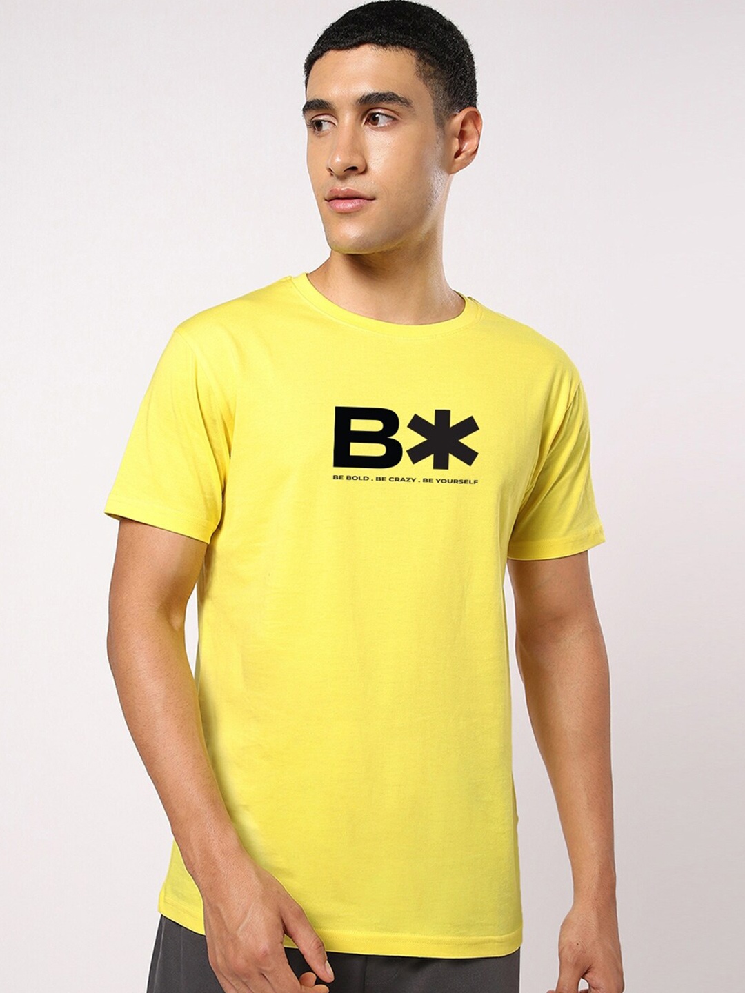 

Bewakoof Men Yellow Typography Printed Round Neck Regular Fit Cotton T-shirt