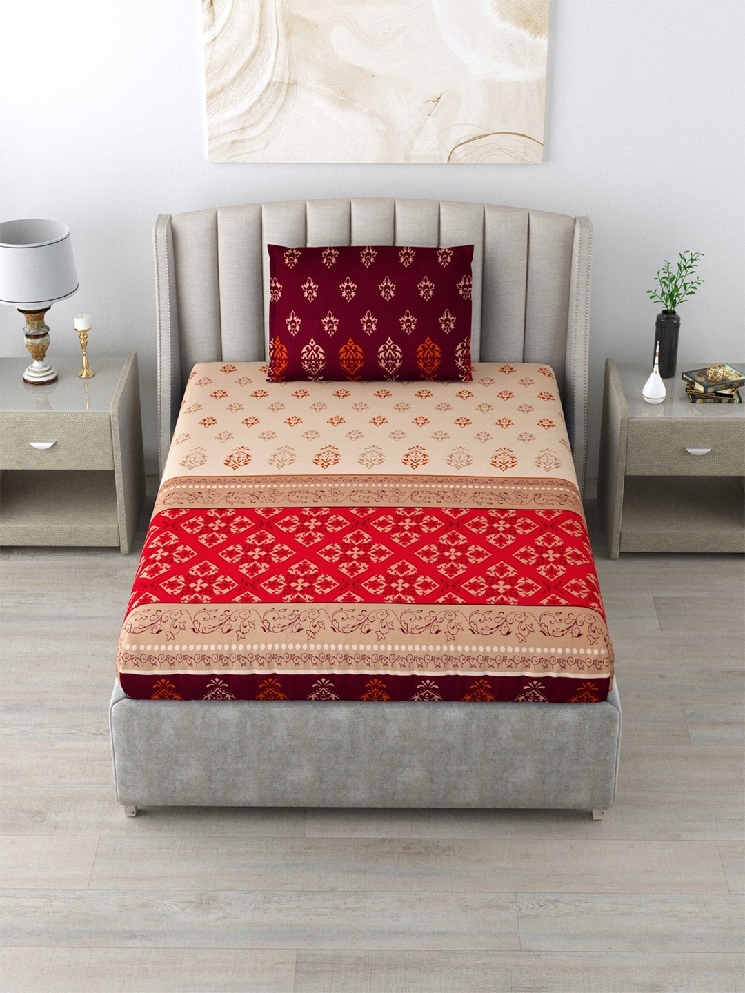 

Salona Bichona Red & Beige Floral 120 TC Single Bedsheet with 1 Pillow Covers