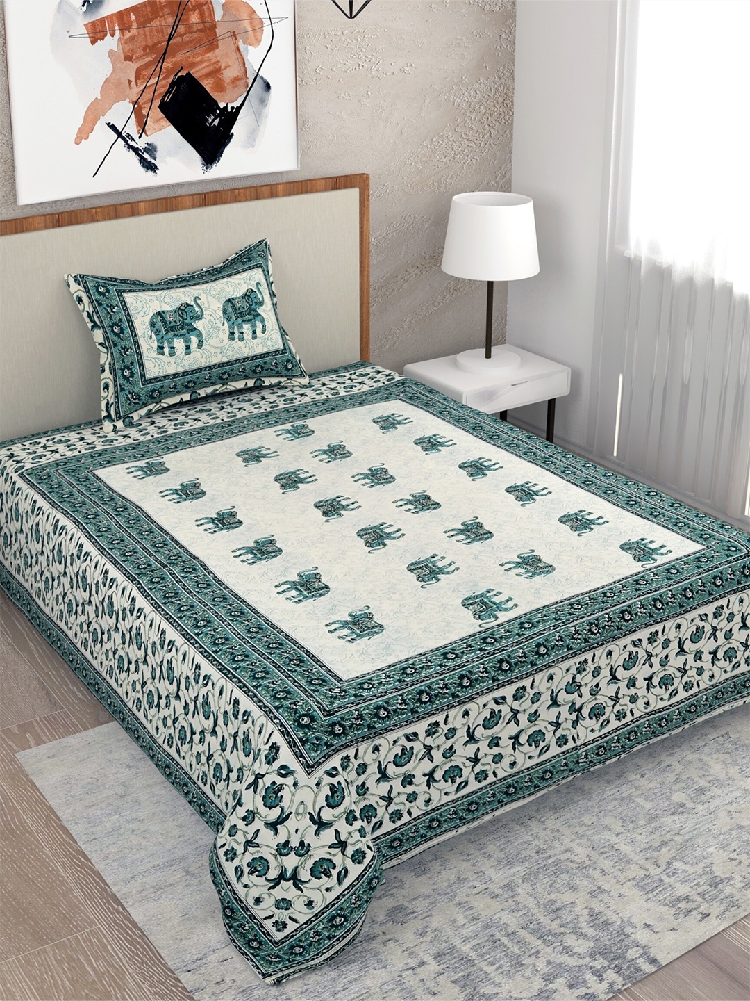 

Salona Bichona Turquoise Blue & Cream-Coloured Floral 120 TC Single Bedsheet with 1 Pillow Covers