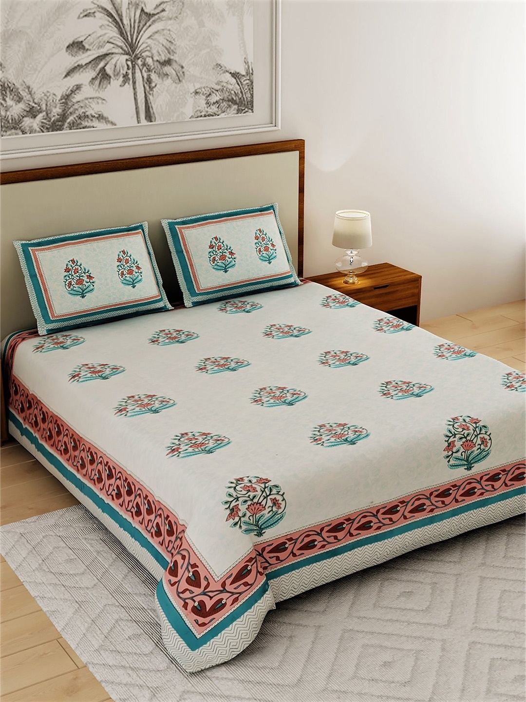 

Salona Bichona Turquoise Blue & White Printed 120 TC Queen Bedsheet with 2 Pillow Covers