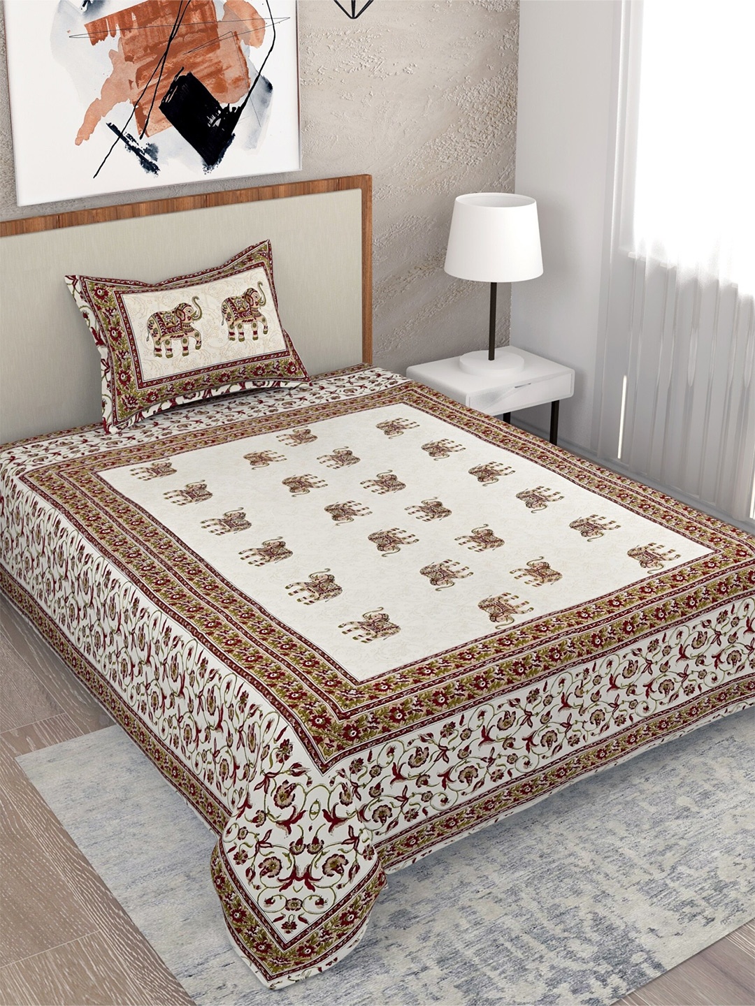 

Salona Bichona Beige & Cream-Coloured Ethnic Motifs 120 TC Single Bedsheet with 1 Pillow Covers