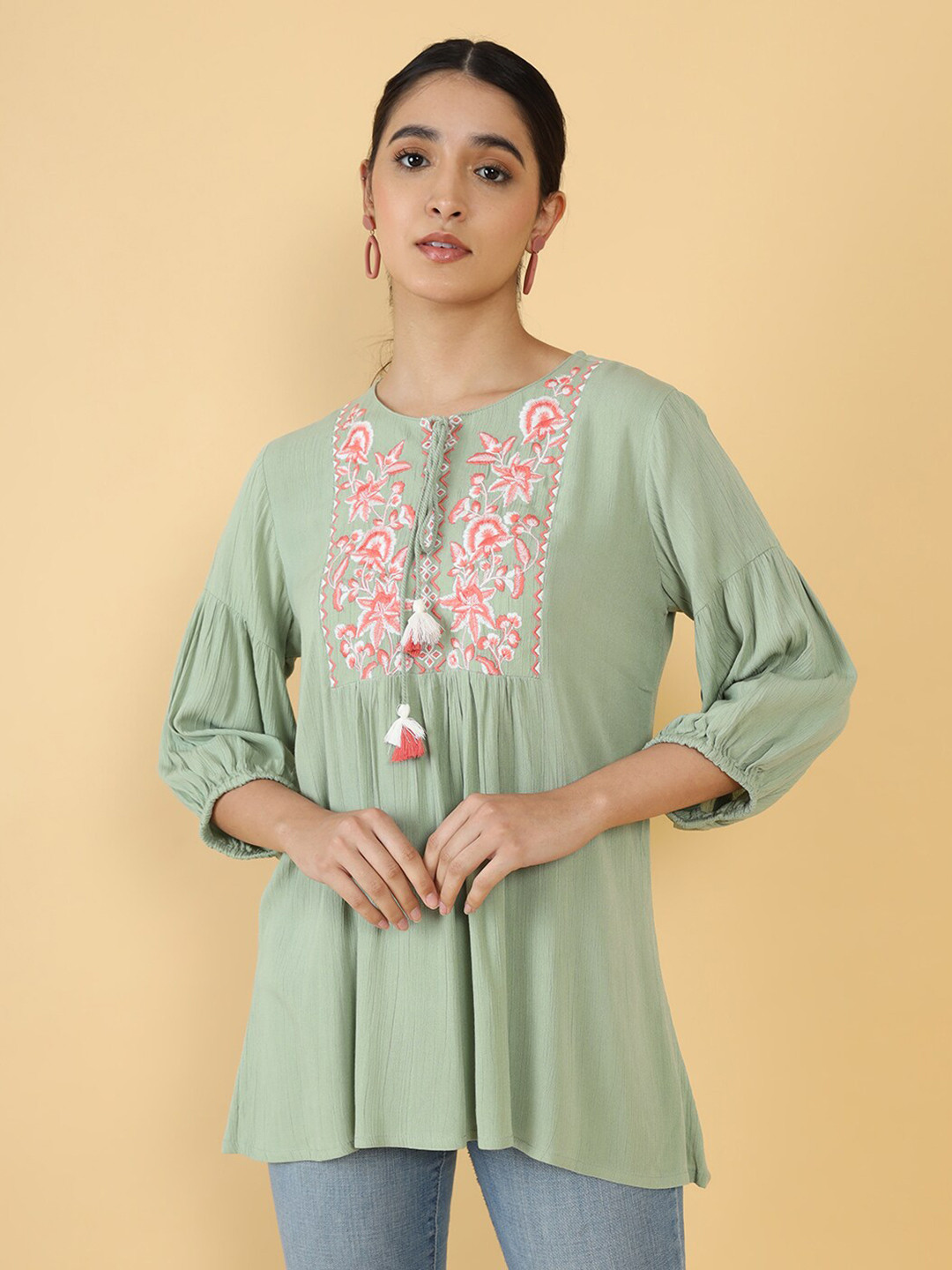 

Soch Green & Pink Embroidered Tunic