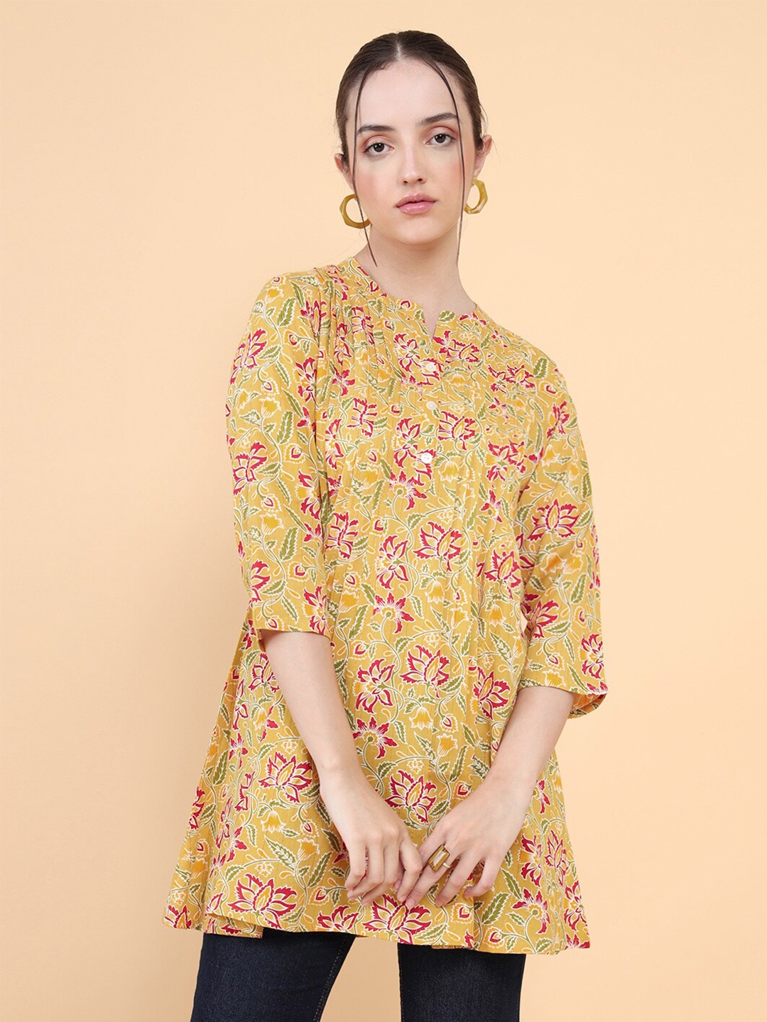 

Soch Mustard & Pink Viscose Rayon Mandarin Collar Printed Tunic