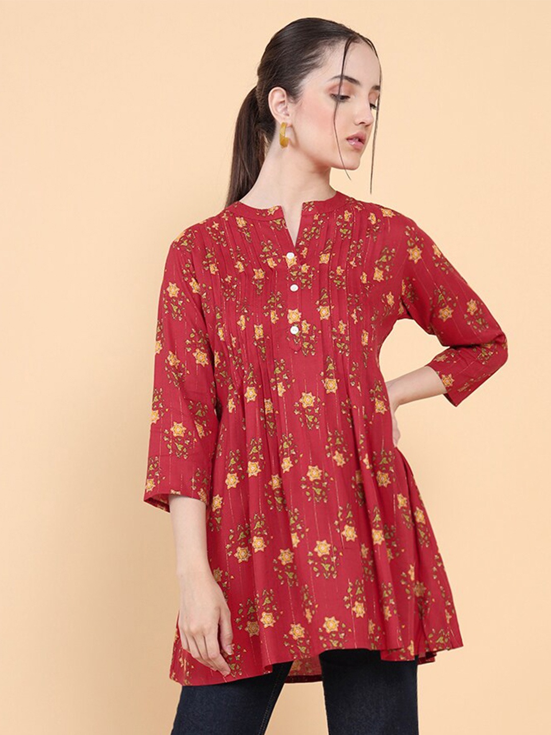 

Soch Maroon & Mustard Mandarin Collar Printed Tunic