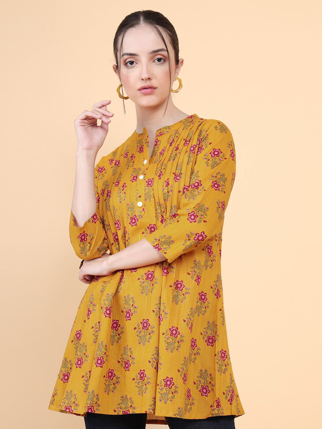 

Soch Mustard & Pink Viscose Rayon Mandarin Collar Printed Tunic