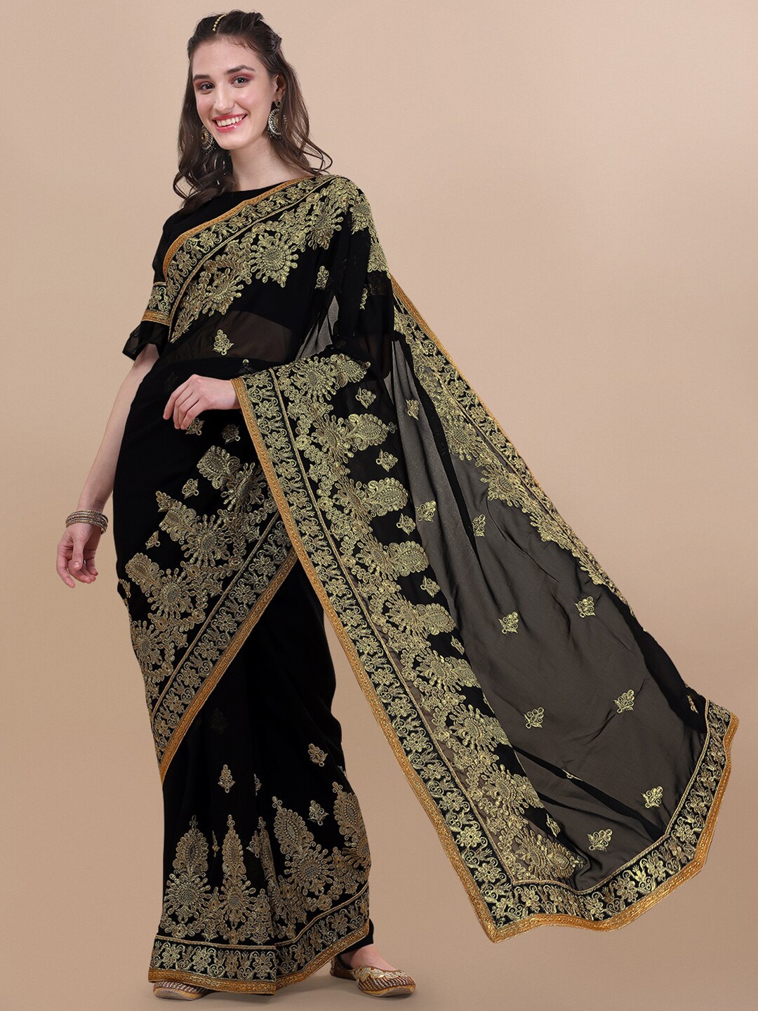 

Vaidehi Fashion Black & Gold-Toned Floral Embroidered Pure Georgette Saree