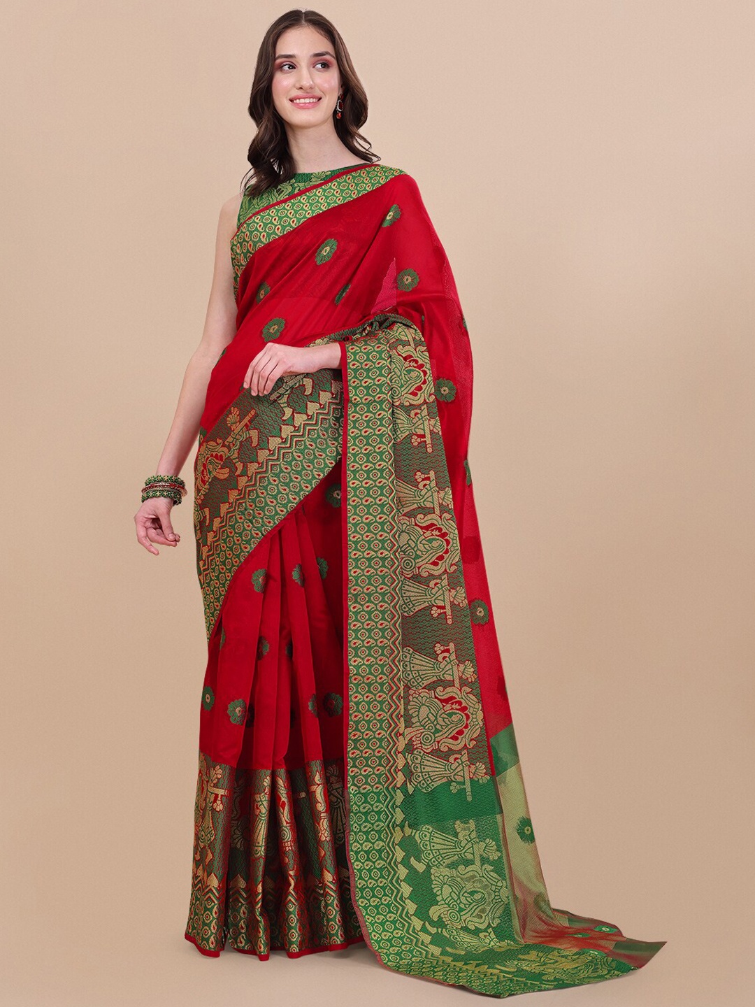 

Vaidehi Fashion Red & Green Ethnic Motifs Banarasi Saree