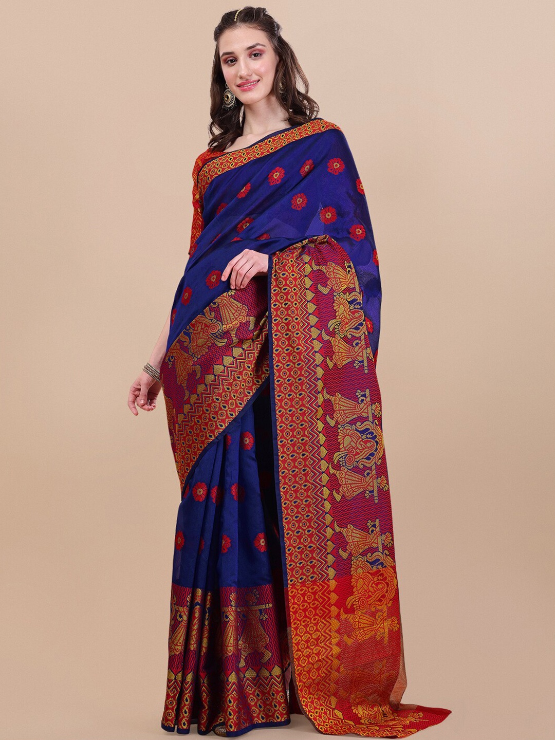 

Vaidehi Fashion Blue & Red Ethnic Motifs Banarasi Saree