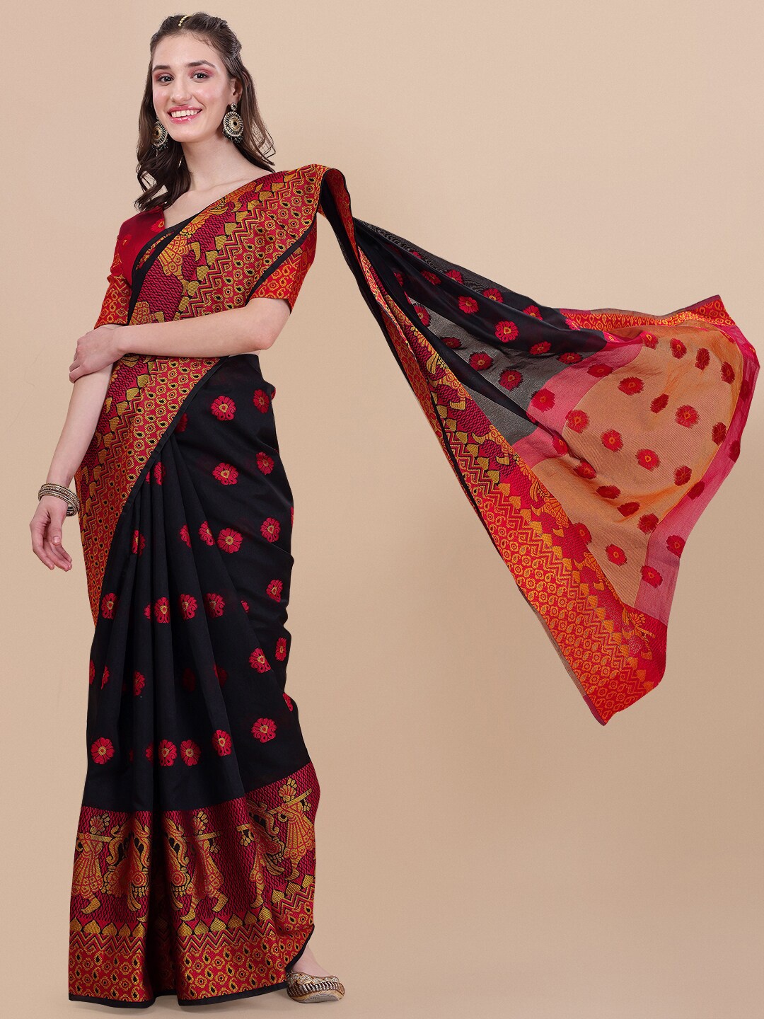

Vaidehi Fashion Black & Red Ethnic Motifs Banarasi Saree