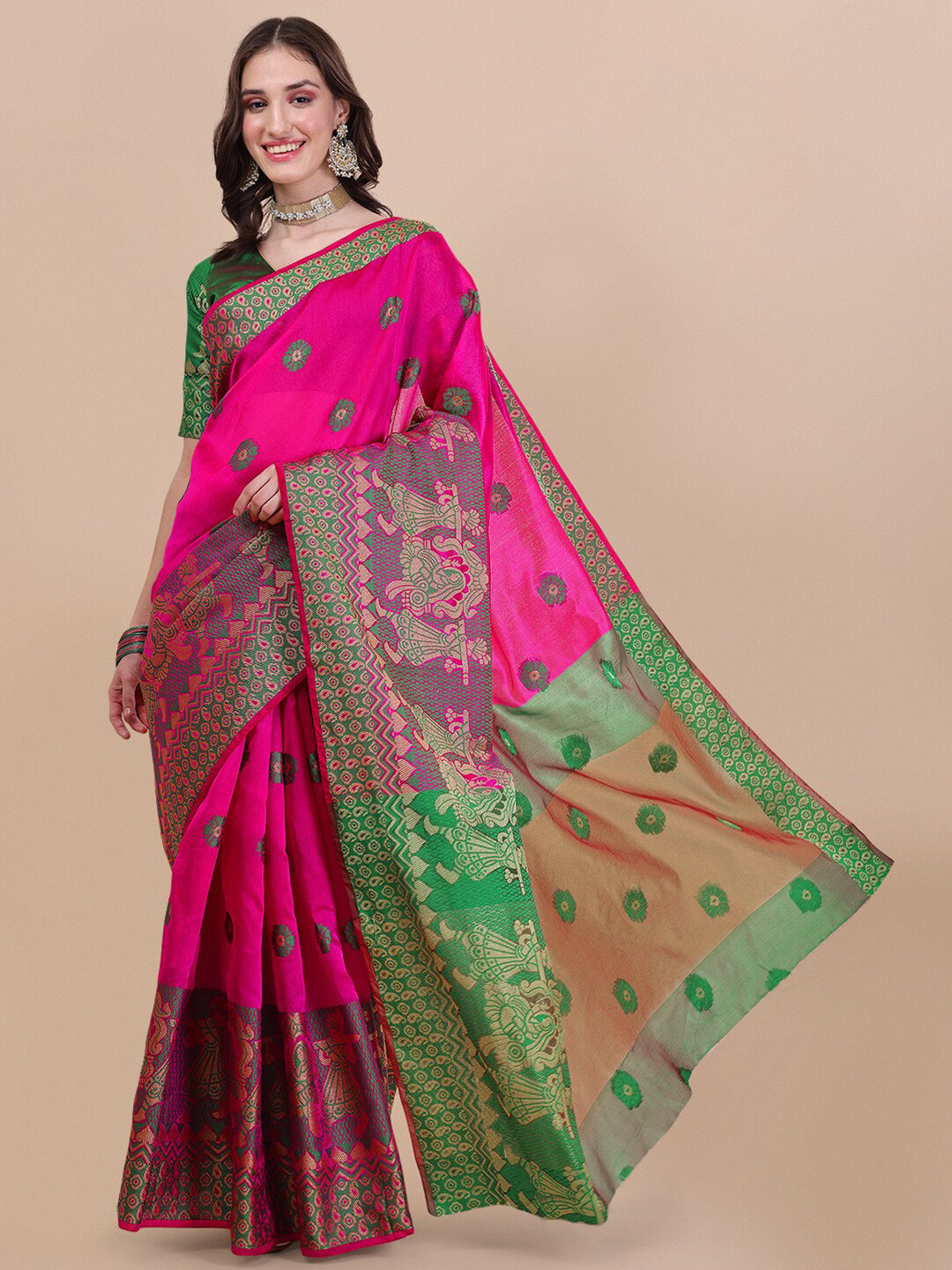 

Vaidehi Fashion Pink & Green Ethnic Motifs Banarasi Saree