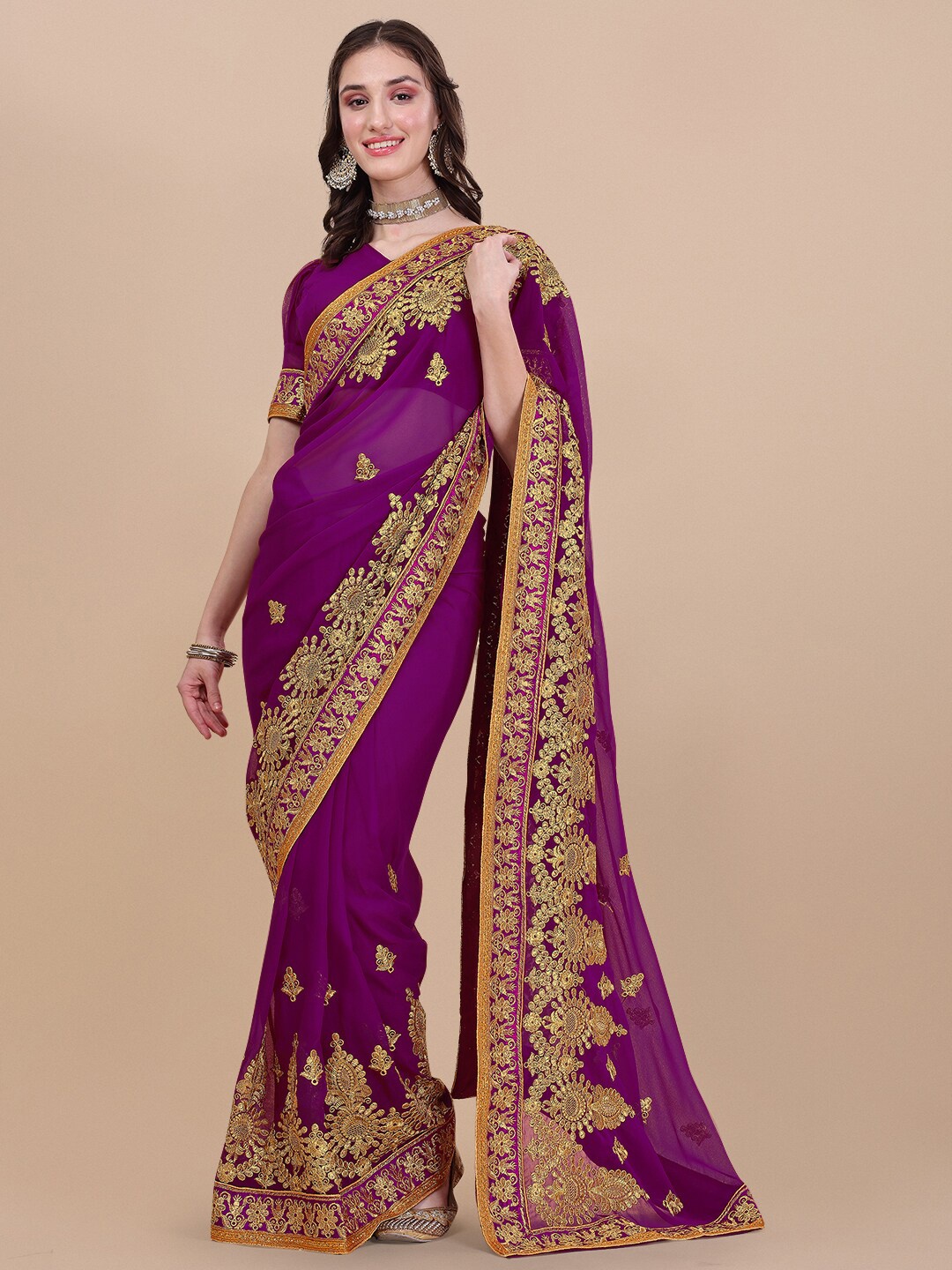 

Vaidehi Fashion Purple & Gold-Toned Floral Embroidered Pure Georgette Saree