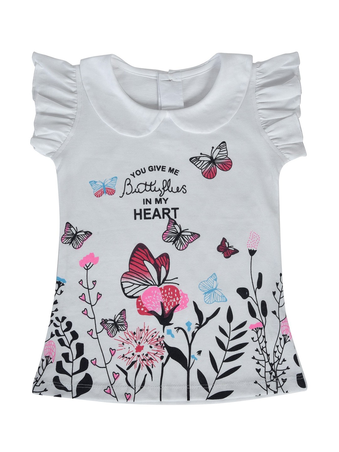 

POMY & JINNY Girls White & Pink Floral Printed Pure Cotton Peter Pan Top