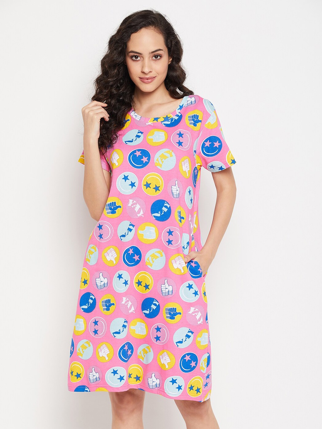 

Clovia Pink Printed Round Neck Knee Length Nightdress