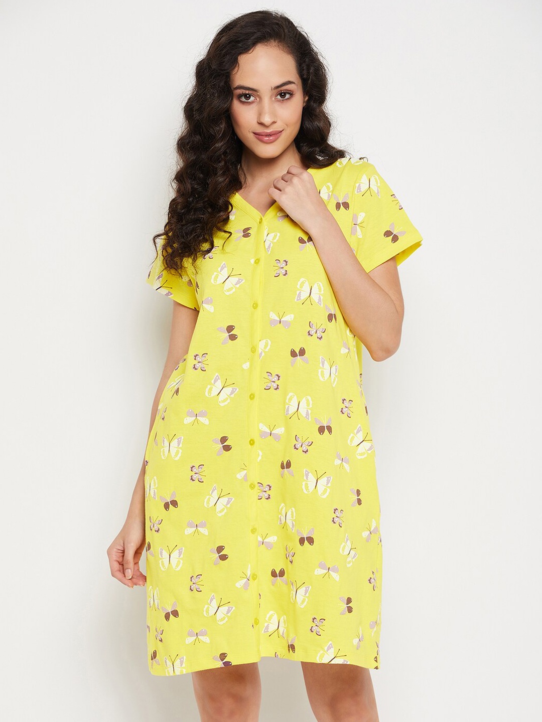 

Clovia Butterfly Print 100% Cotton Button Me Up Short Nightdress, Yellow