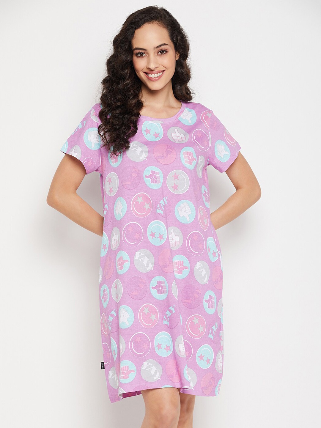 

Clovia Purple Printed Round Neck Short Sleeves Nightdress