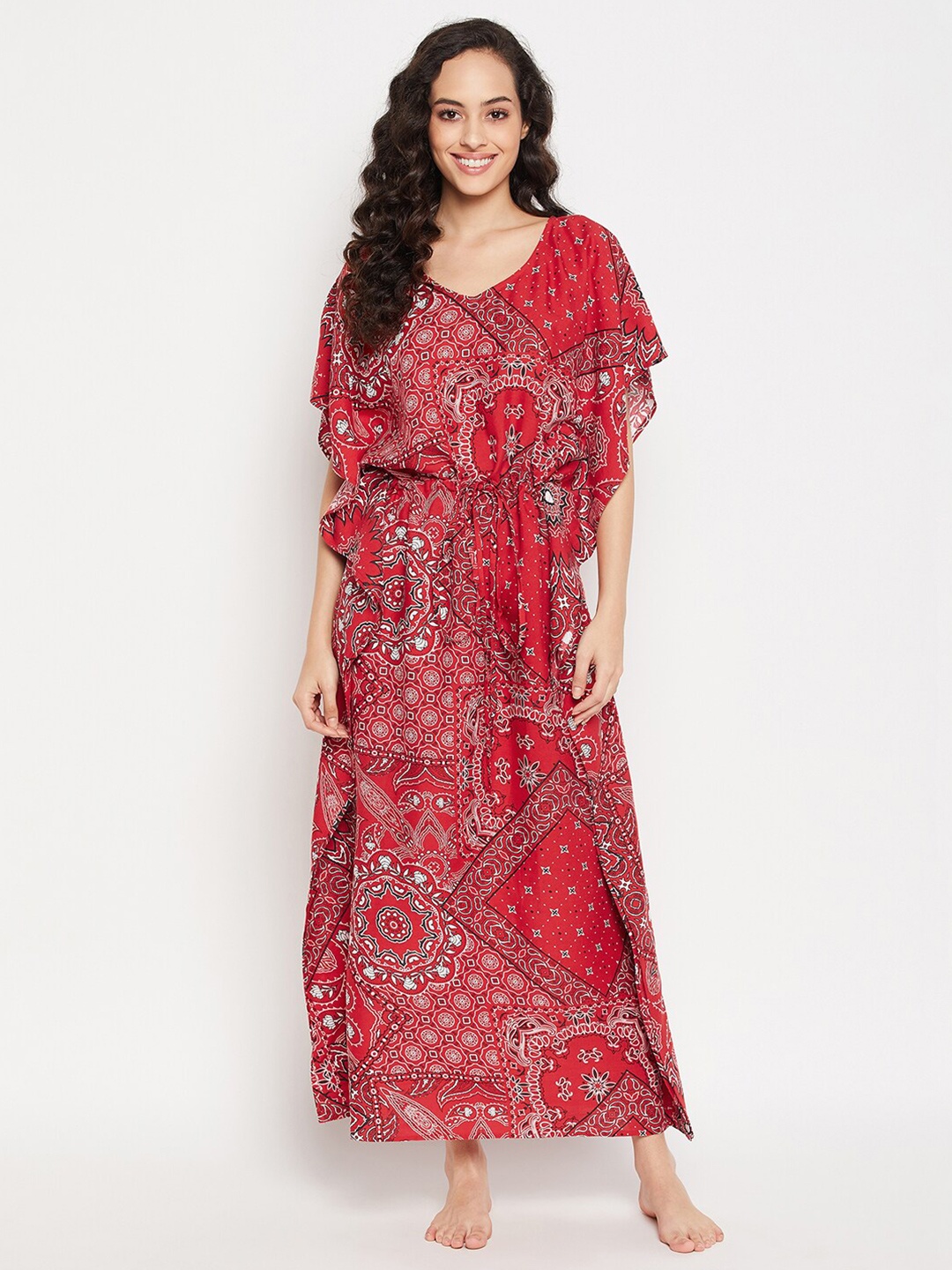 

Clovia Print Me Pretty Rayon Long Kaftan Nightdress, Red