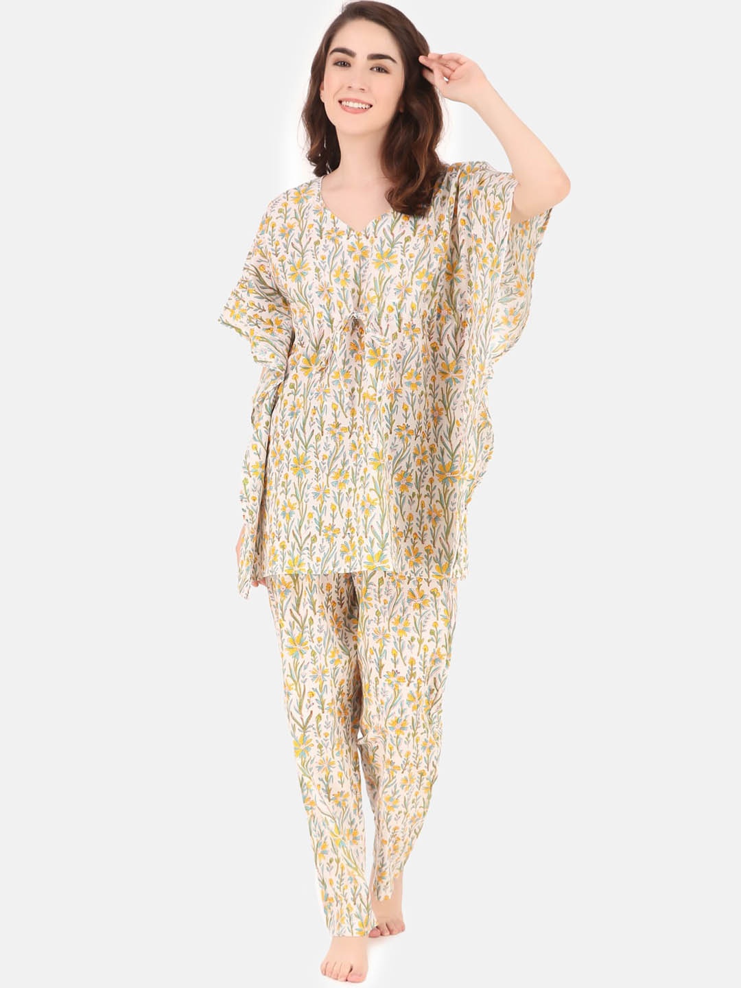 

Masha Women Printed Daisy Kaftan Pure Cotton Night suit, Yellow