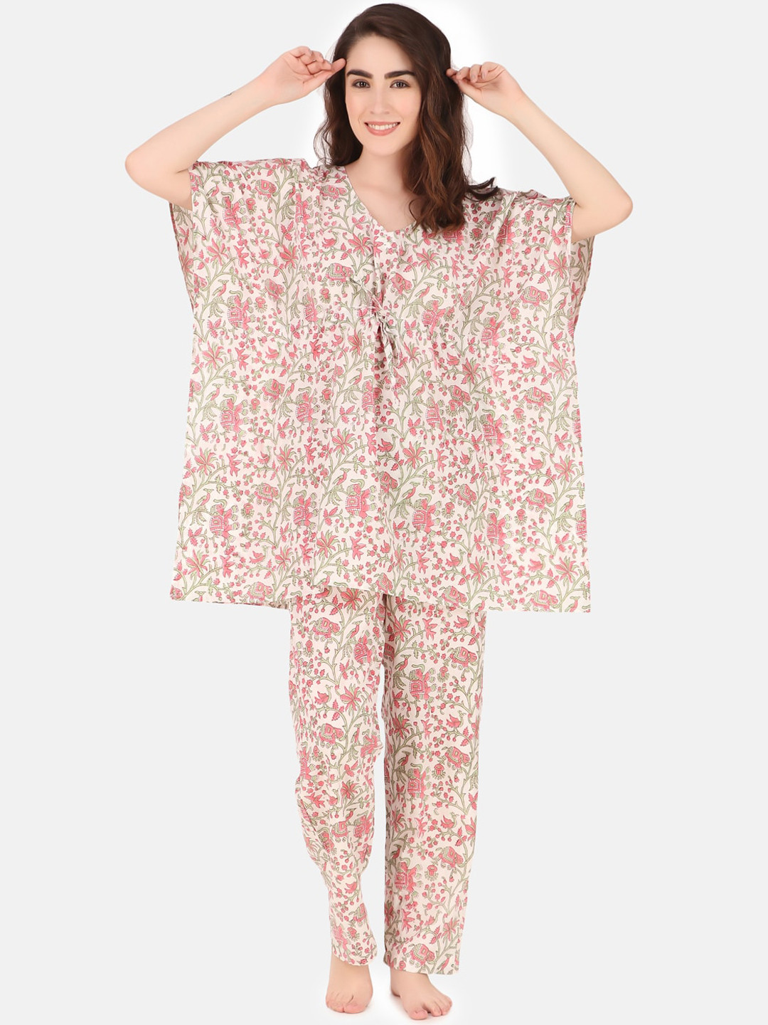 

Masha Women Printed Kaftan Pure Cotton Night suit, Pink