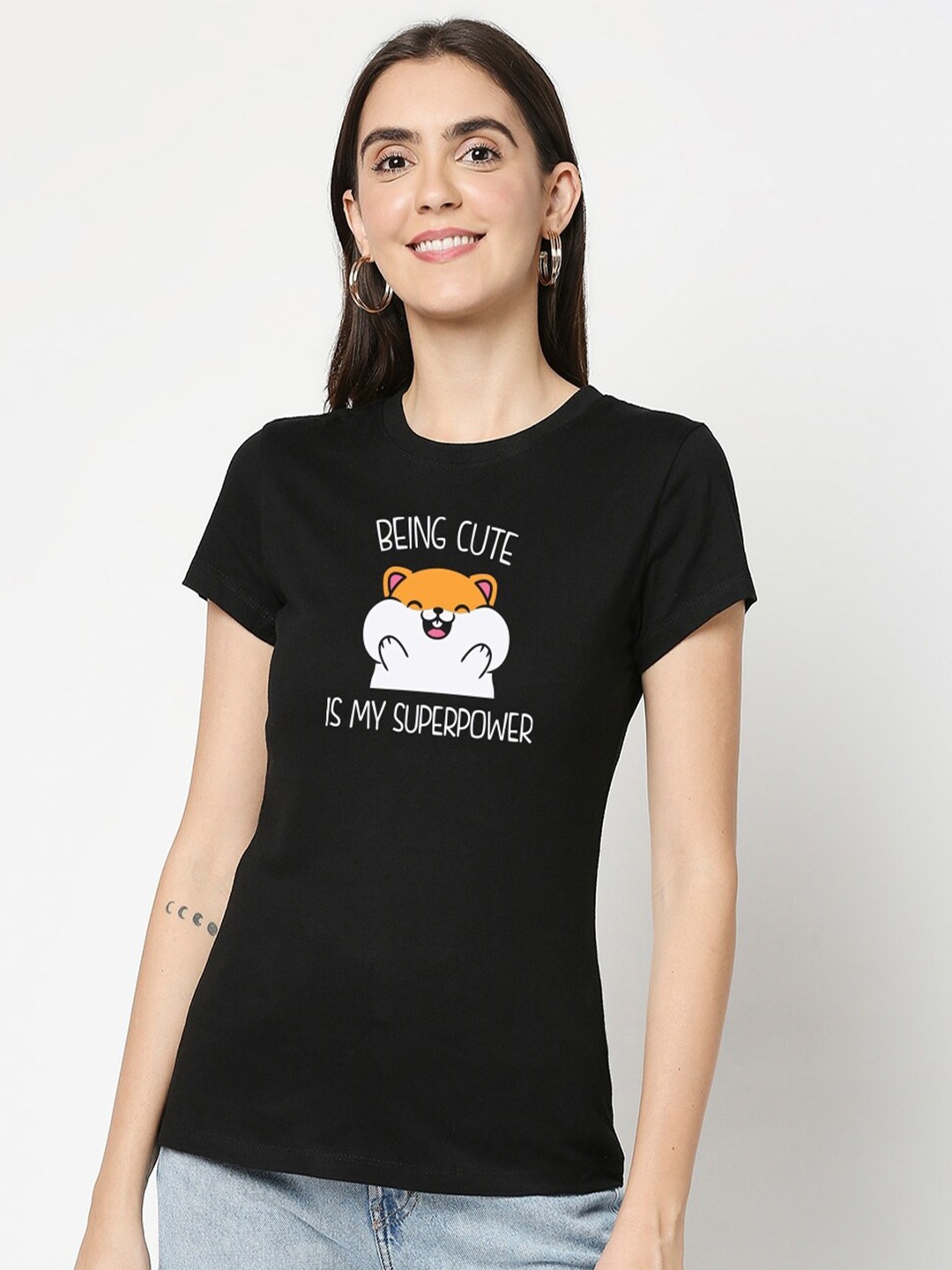 

Bewakoof Women Black Slim Fit Cotton Graphic Printed Slim Fit T-shirt