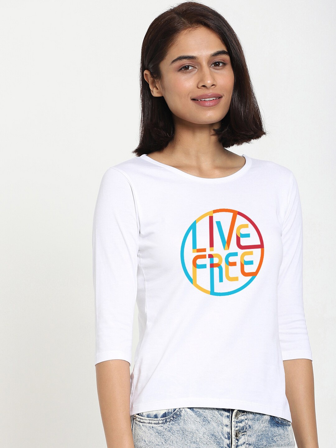 

Bewakoof Women White Typography Printed Round Neck Slim Fit Cotton T-shirt