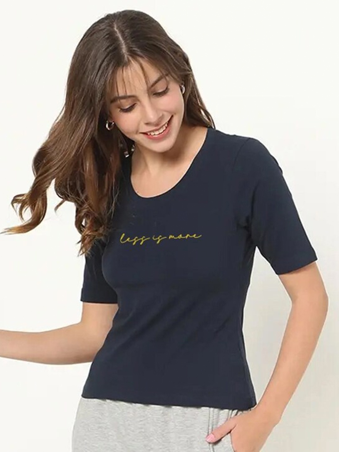 

Bewakoof Women Blue Typography Print Round Neck Regular Fit Cotton T-shirt