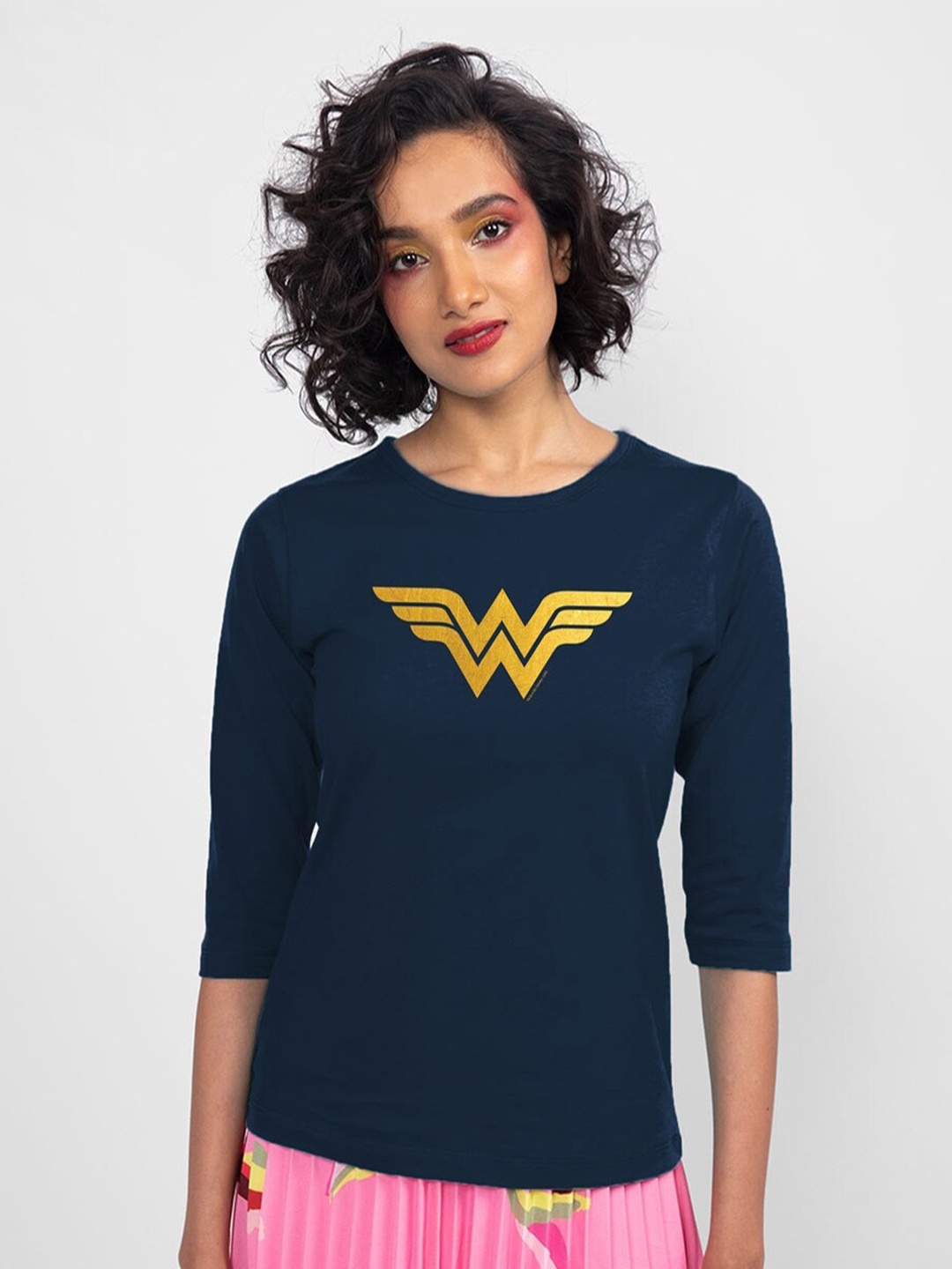 

Bewakoof Women Blue Printed Round Neck Slim Fit Cotton T-shirt