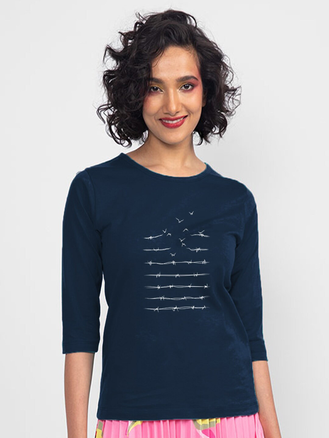 

Bewakoof Women Blue Printed Round Neck Slim Fit Cotton T-shirt