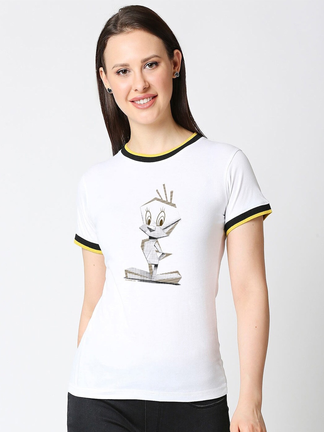 

Bewakoof Women White Printed Round Neck Slim Fit Cotton T-shirt