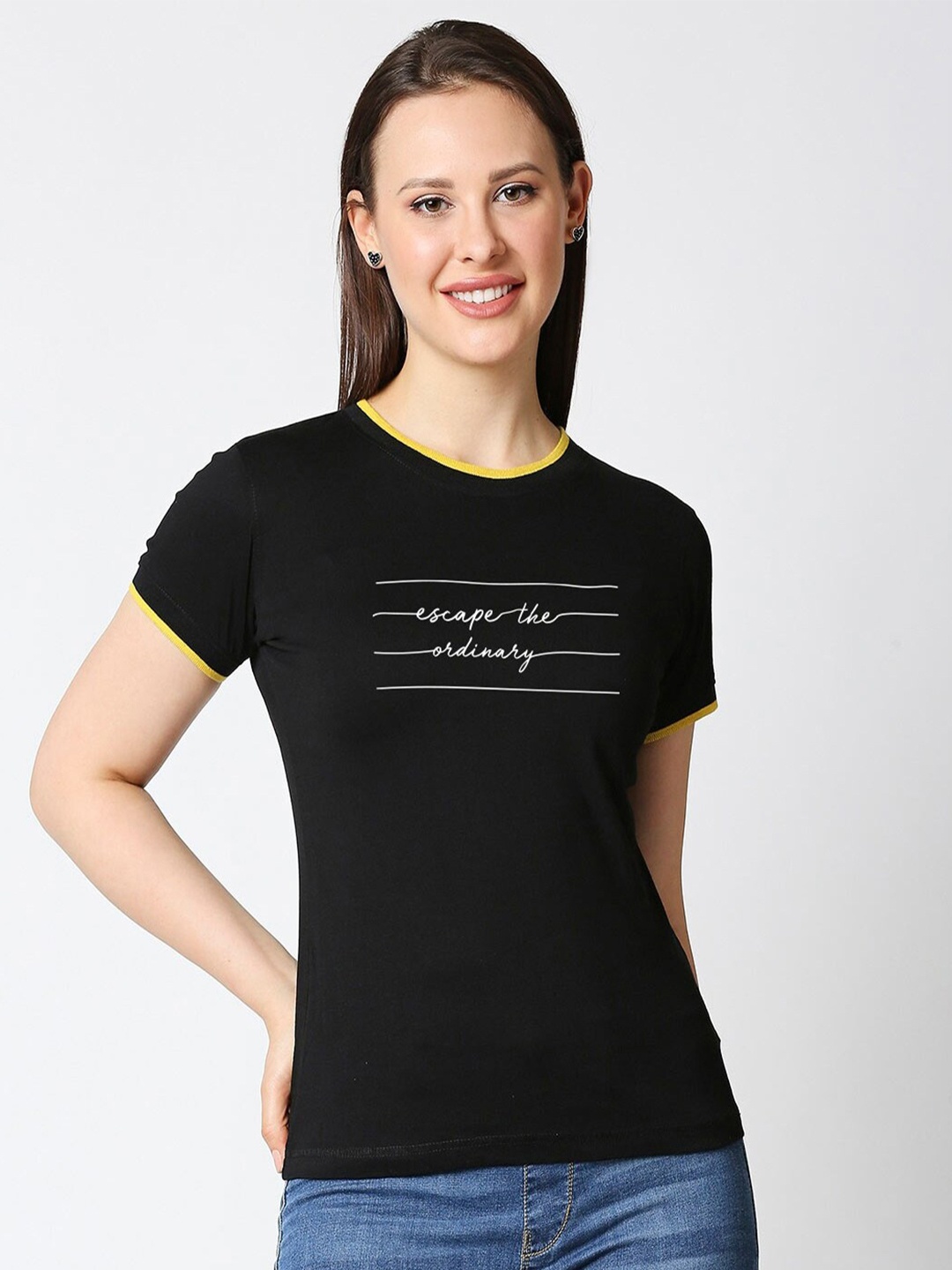 

Bewakoof Women Black Typography Printed Monochrome Slim Fit T-shirt