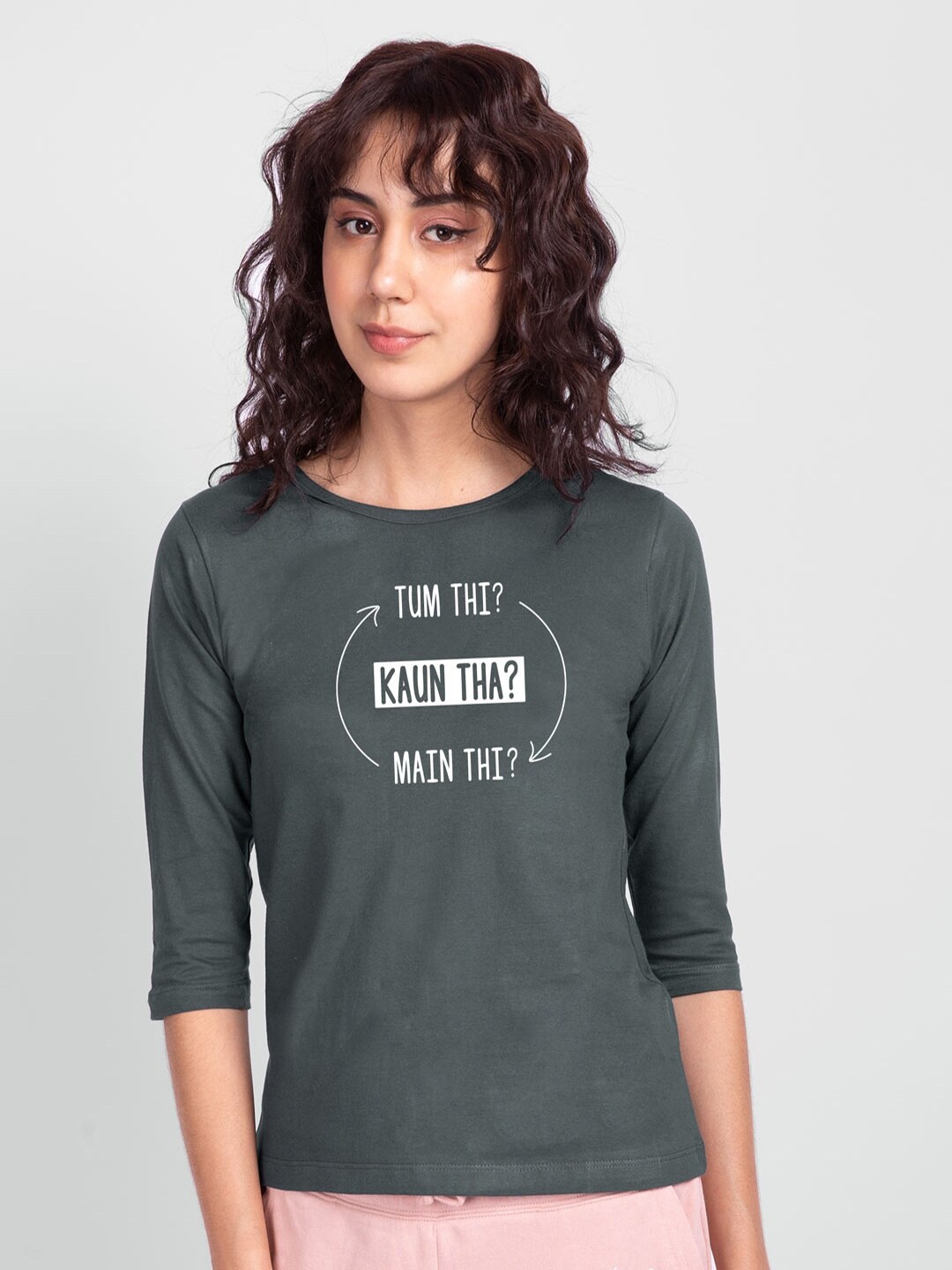 

Bewakoof Women Grey Typography Printed Monochrome Slim Fit T-shirt