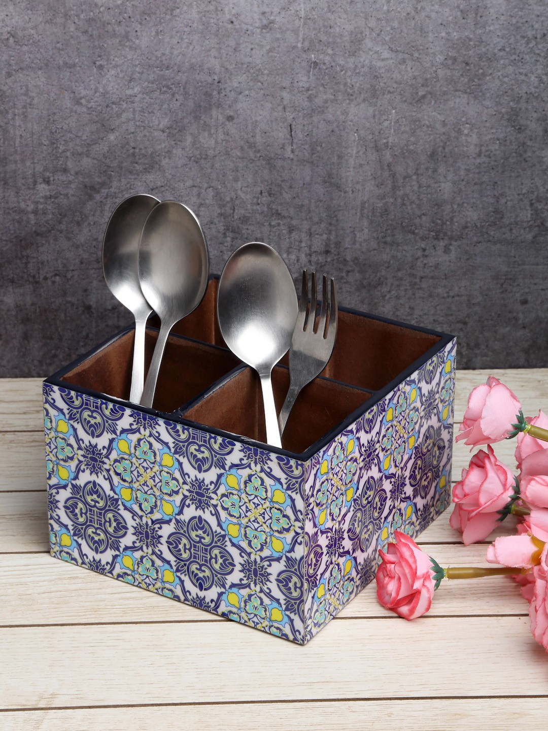 

ROMEE Blue & White Floral Printed Cutlery Holder With Spoons & Fork
