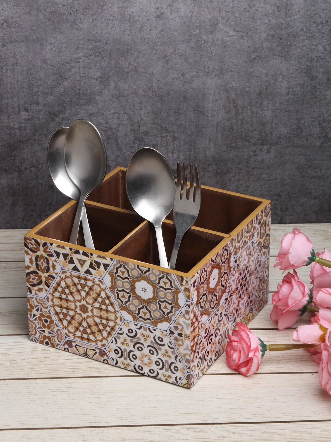 

ROMEE Brown & White Floral Printed Cutlery Holder With Spoons & Fork