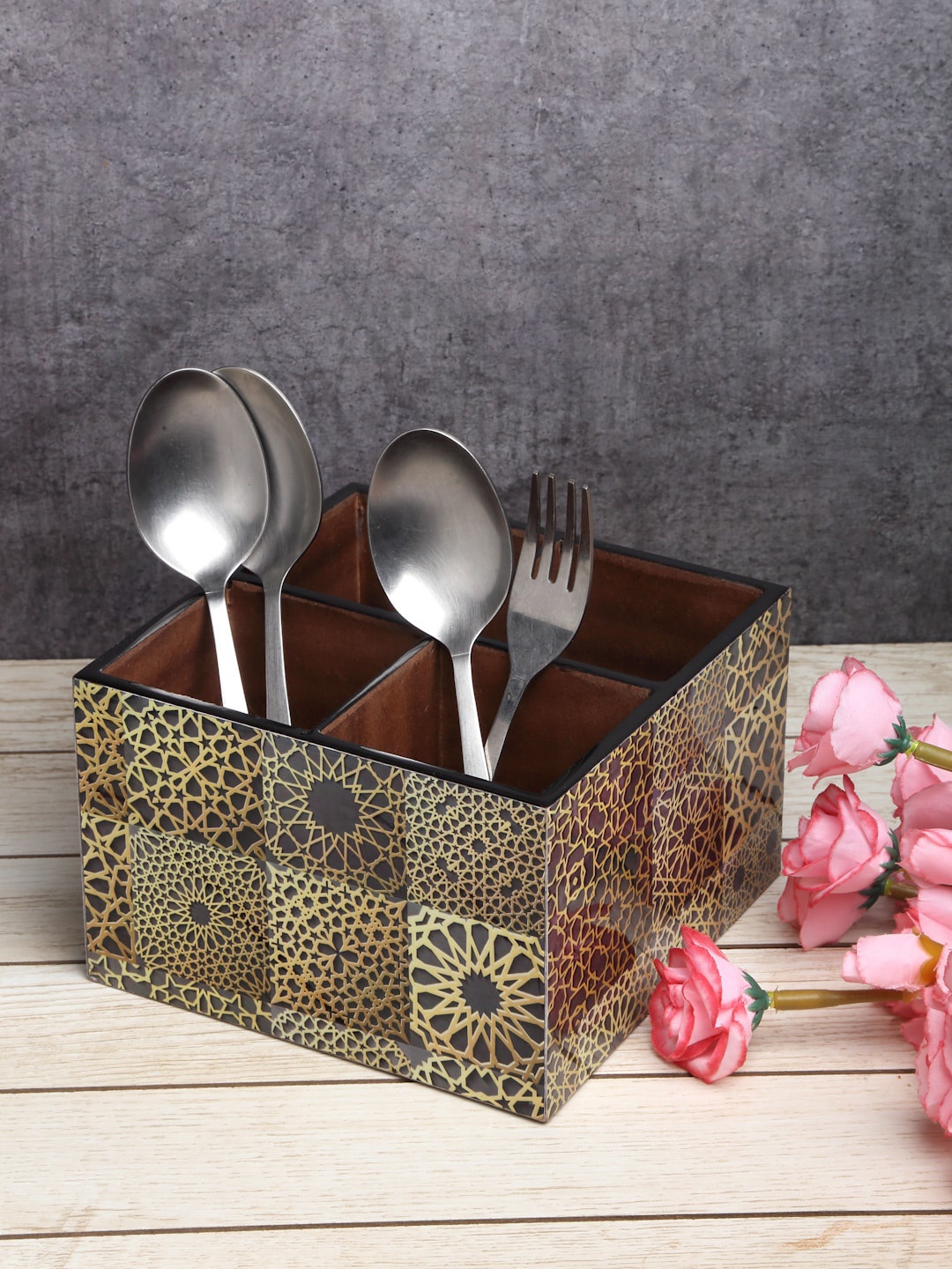 

ROMEE Black & Yellow Wooden Cutlery Holder With 4 Divider