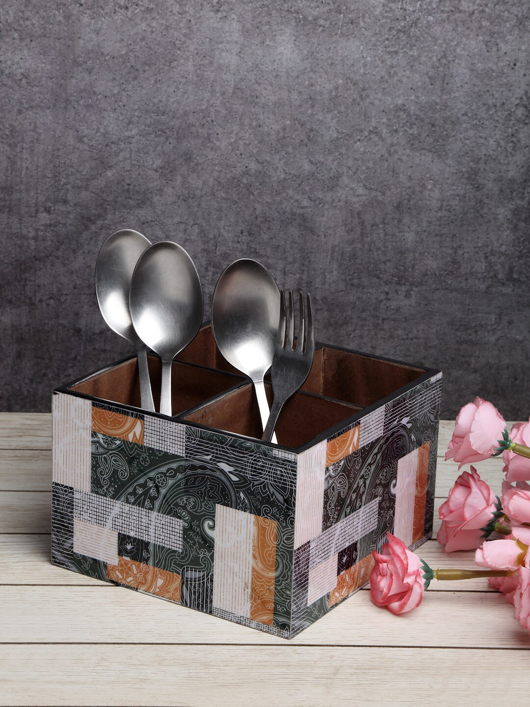 

ROMEE Green Printed Wooden Cutlery Holder